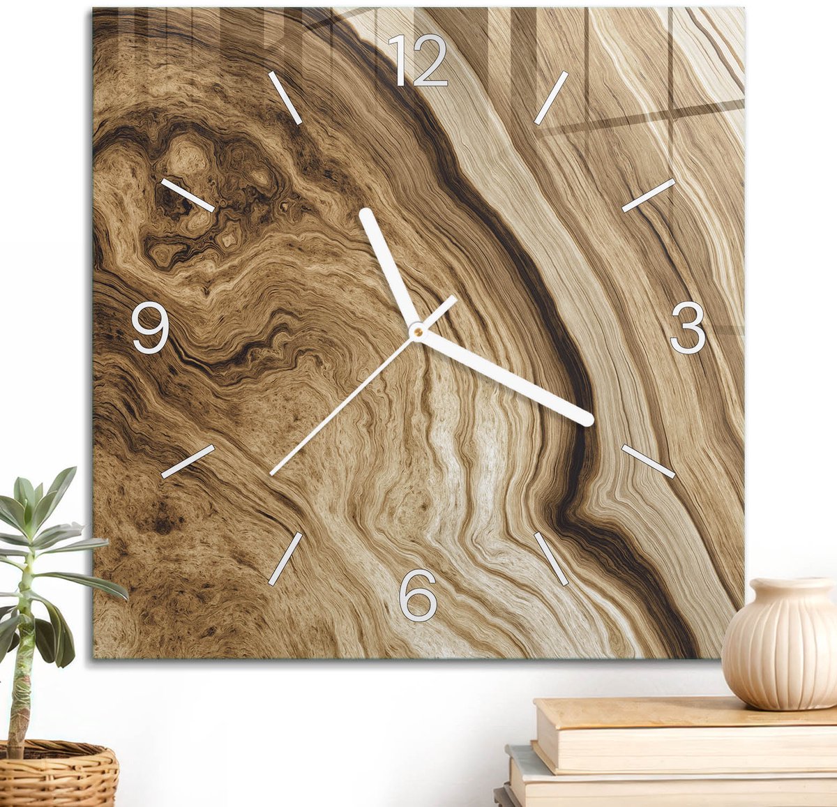 ArtPrintCave Bruin Glazen Klok - 30x30 cm - Wandklok Vierkant - Aardse Elegantie Unieke Klok - Natuur Stille Wandklok - Witte Klokwijzers