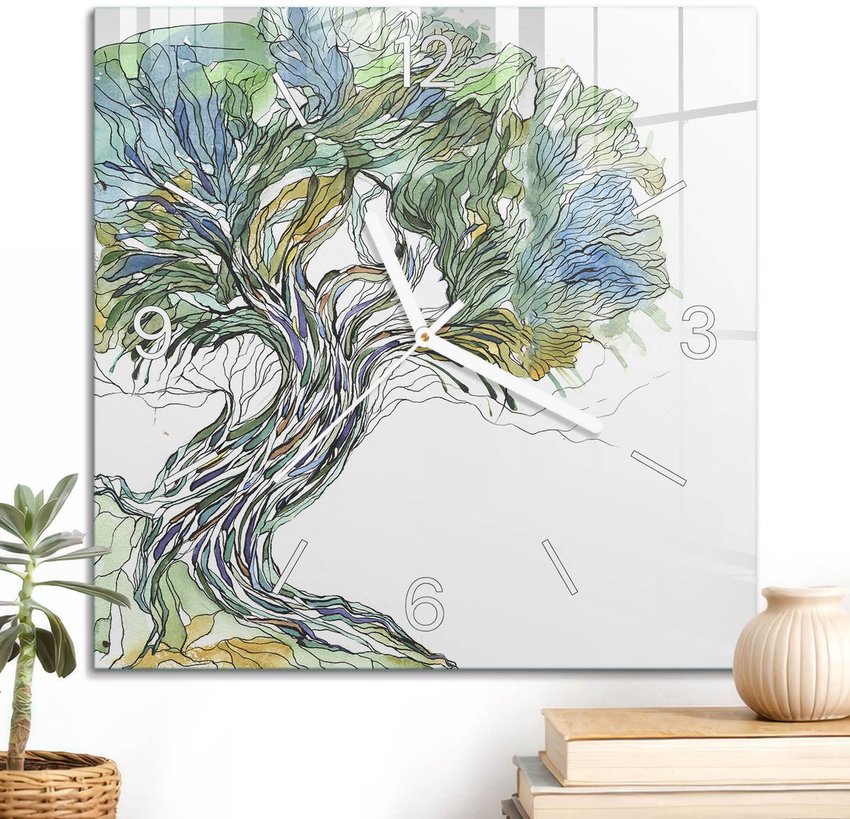 ArtPrintCave Groene Glazen Klok - 30x30 cm - Wandklok Vierkant - Artistieke Boom Unieke Klok - Kunst Stille Wandklok - Witte Klokwijzers