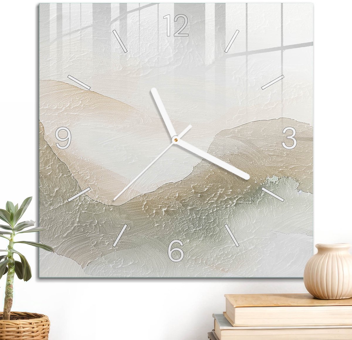 ArtPrintCave Beige Glazen Klok - 30x30 cm - Wandklok Vierkant - Harmonie Van De Natuur Wandklok Keuken - Abstractie Unieke Klok - Witte Klokwijzers