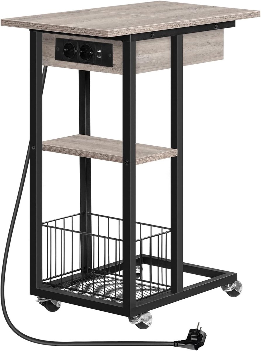 Vellaro Bijzettafel met laadstation - Grijs en zwart - 60 x 30 cm - C-vormige salontafel met wielen en opbergruimte - Voor woonkamer en slaapkamer grijs + zwart