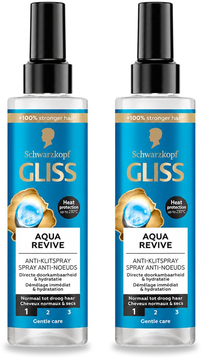2 x Gliss - Anti-Klit Spray Aqua Revive - Voor Hydraterend en Makkelijk Doorkambaar Haar - 200 ml - Voordeelverpakking - 2 stuks