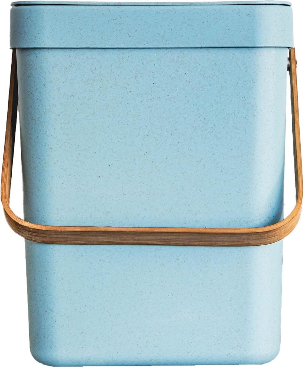 Tafelafvalemmer van kunststof, 5 l, blauw, met handvat van bamboe