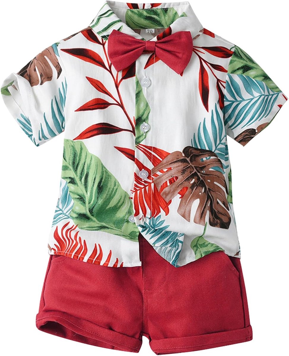 Hawaii pak kinderen jongens kleding set zomer 3 stuks vrije tijd pak kleine kinderen korte mouwen T-shirts bedrukt enkele rij overhemd baby strand shorts tas korte broek gentleman strik 70-130