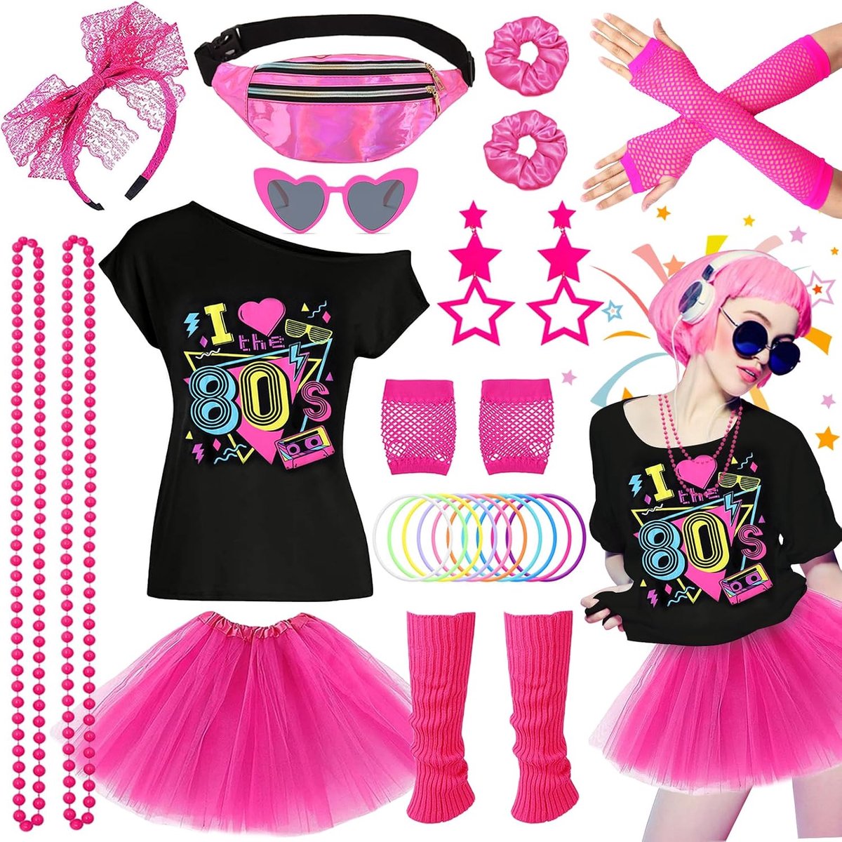 27 stuks jaren 80-kostuum, feestoutfit disco, neon uit de jaren 90, T-shirt, tutu, armband, heuptas, bril, armband, halskettingen, beenwarmers, dames, outfit, jaar, thema, carnaval, feest, 27 stuks