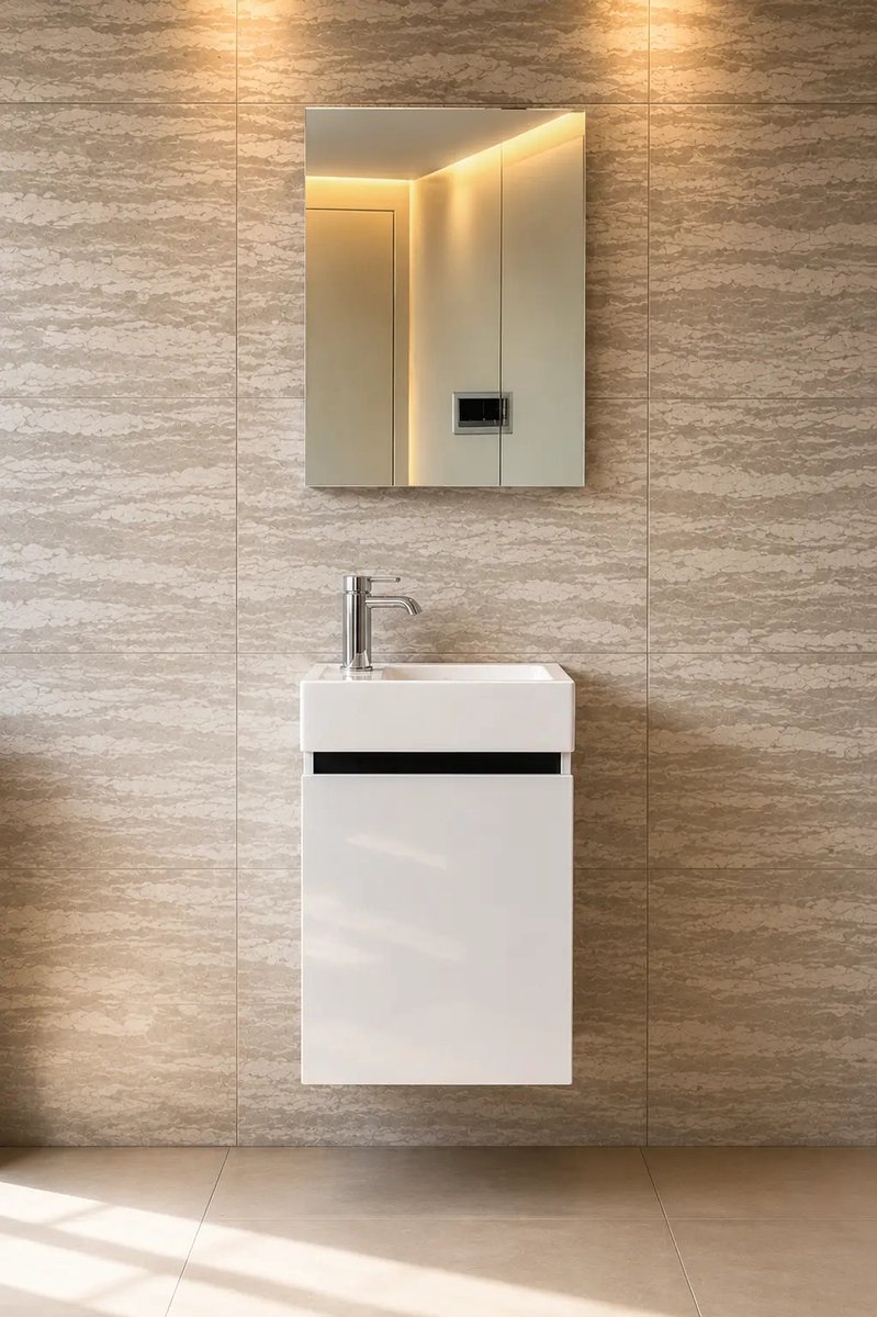 Faizee Home Alkan Badkamermeubel 40 cm – Wastafel, Spiegel & Kraan – Wit/Zwarte Onderkast + Wastafel + Kraan + Spiegel