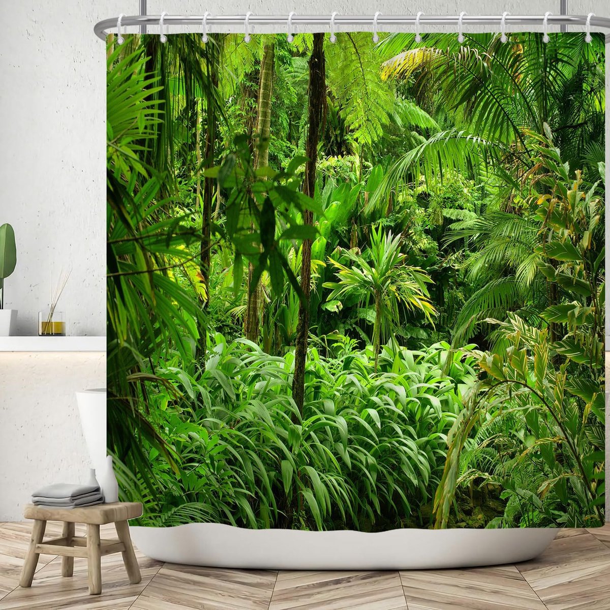 Douchegordijn, 180 x 180 cm, natuurlijk landschap, groen, jungle, bos, tropische planten, badkamer, wasbaar, douchegordijnen, polyester textiel, waterdicht, badgordijn voor bad, met 12 haken
