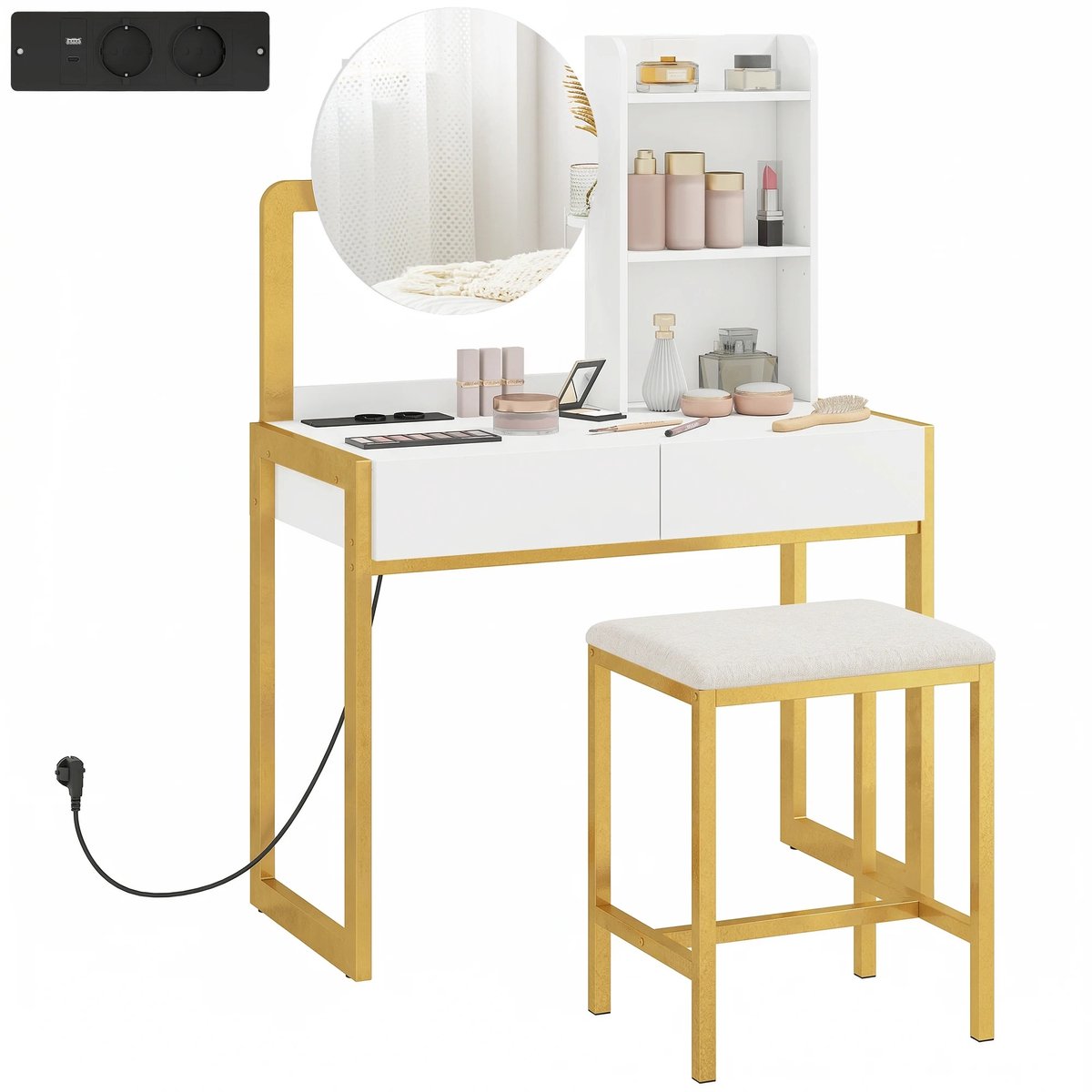 House of Balance Kaptafel met Kruk - Make up Tafel - Kaptafel met Spiegel en LED-Verlichting - Stopcontact - 2 Lades en 3 Planken
