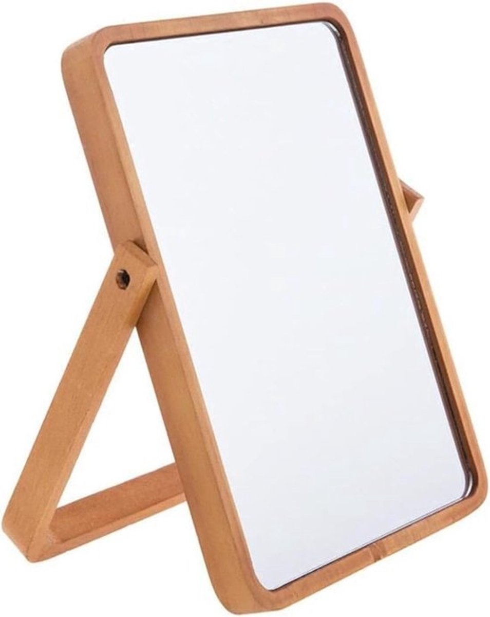SnelShoppen - Houten frame tafelspiegel met standaard, make-upspiegel, vouwspiegel, HD-rechthoekige staande spiegel in bruin voor badkamer, bureau en