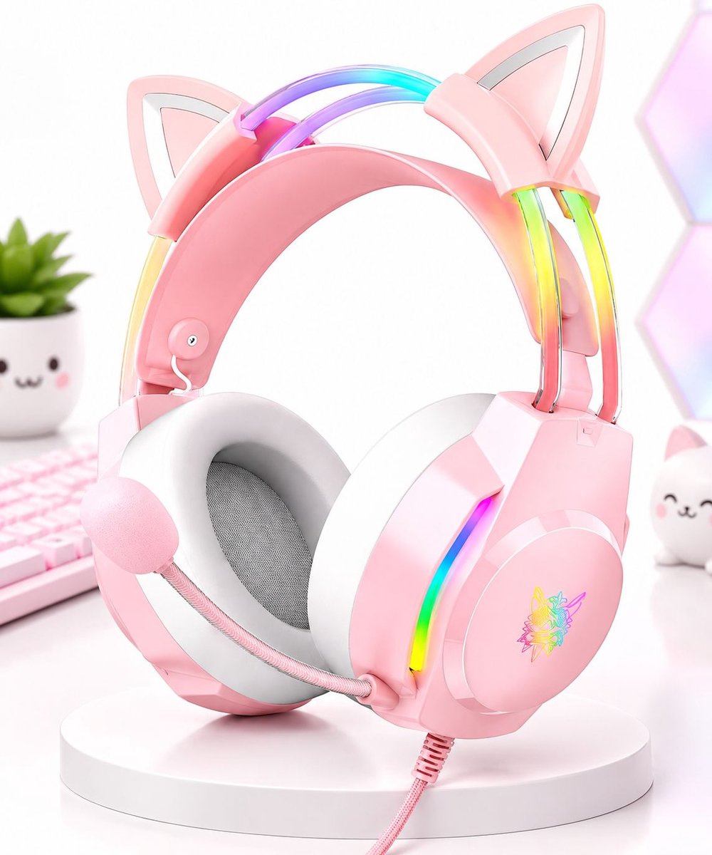 VHV - Gaming headsets met Microfoon - Kattenoor Headphones - Koptelefoon - Hoofdtelefoon met kabel - Noise Cancelling Microfoon - Surround Sound - RGB Verlichting - PC, Laptop, PS4, PS5, Xbox, Switch