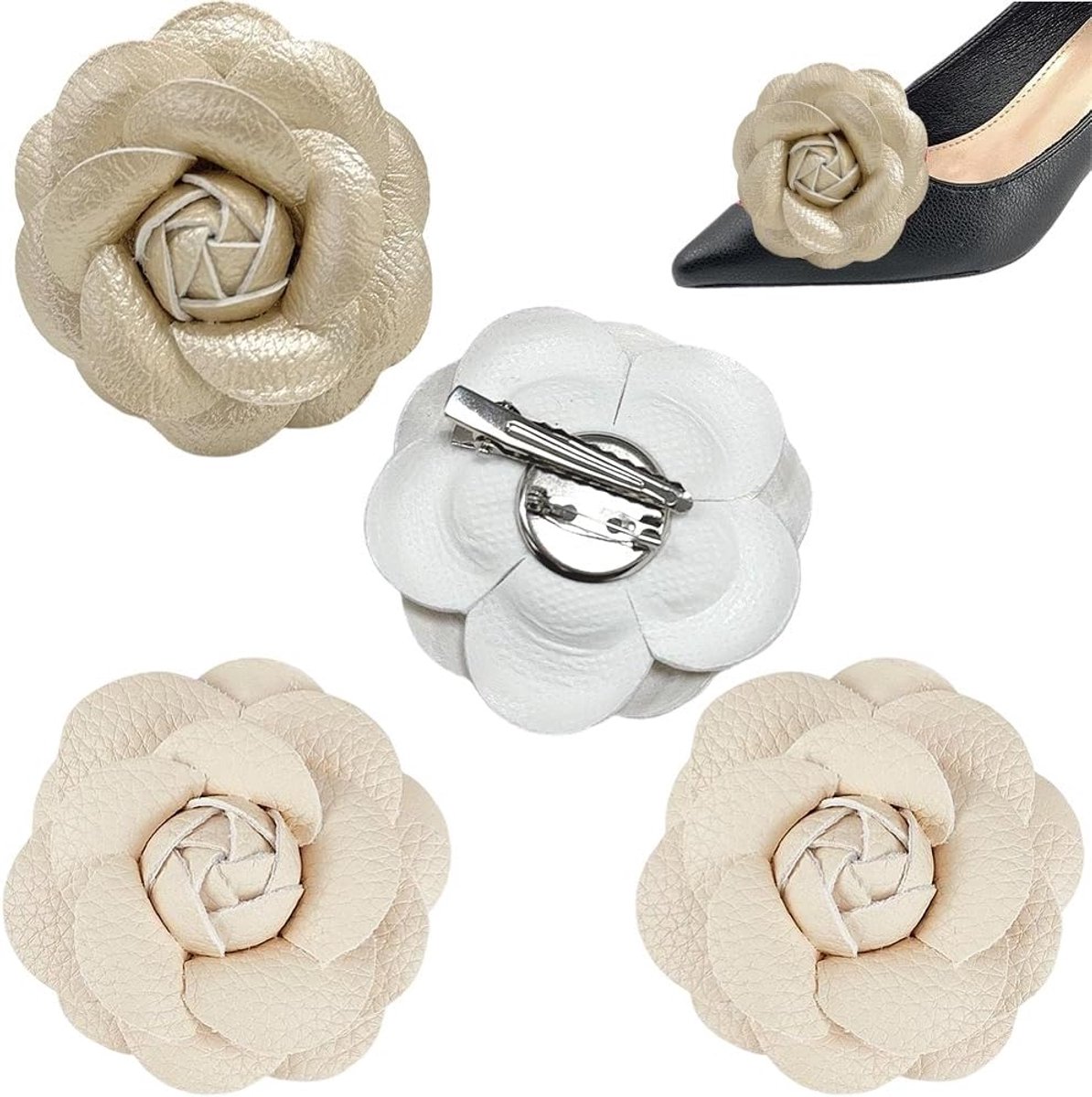 4 stuks 2 kleuren afneembare schoenhangers van PU-leer met rozenmotief, decoratieve sandaalversieringen, camelia, haarspeld, broches, tasgespclips, voor dames, hoed, jurk, kleding, hak
