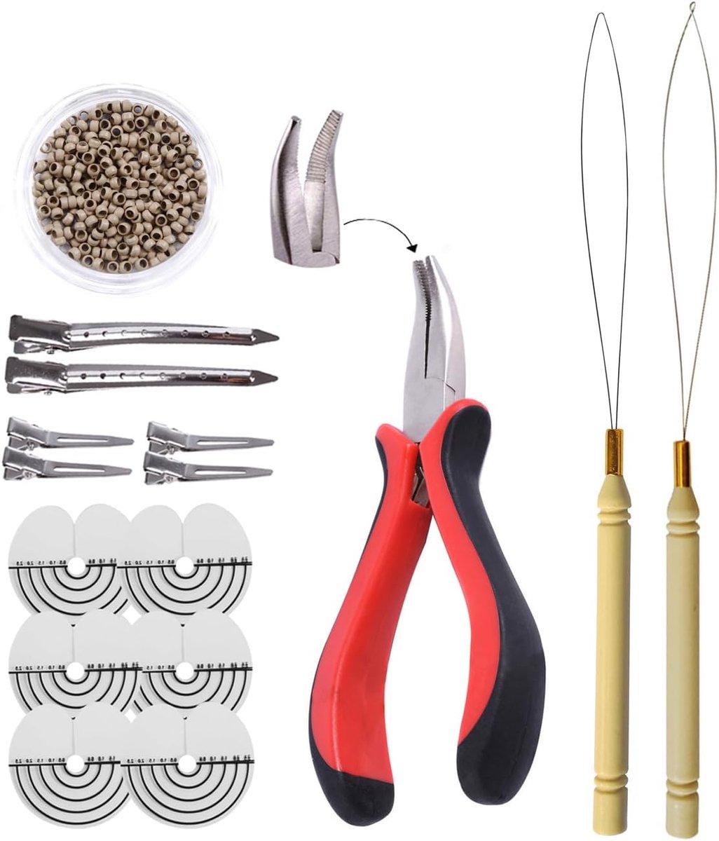 Haarverlenging gereedschap Kit: I-tip haartang, haarverlenging threader, 500 stuks 2.5mm nano ringen beads (grijs blond)