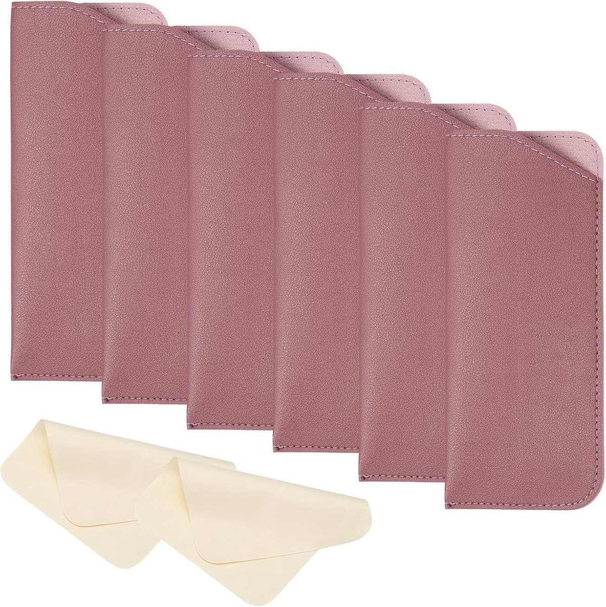 Lederen Brillenkokers Set van 6, Draagbare Brilhoesjes met Reinigingsdoekjes voor Zonnebrillen en Optische Brillen, Paars
