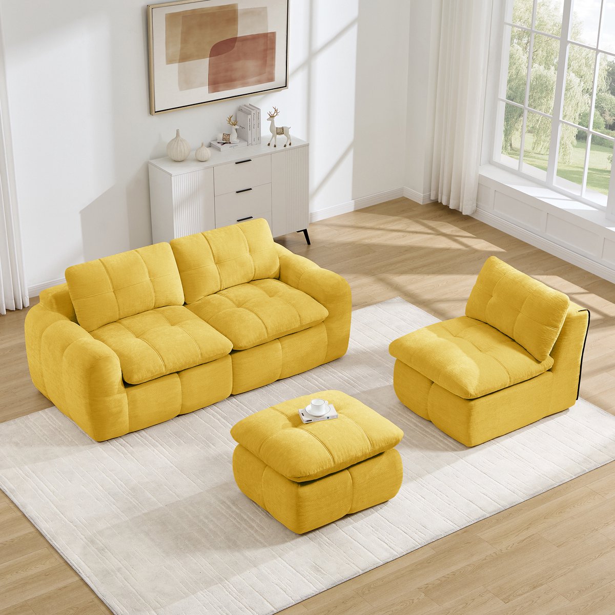 MODENUIT Hoekbank 264 x 160 cm - L-Vormige Modulaire 3-Zits Met Voetenbank - Woonkamer - Chenille Geel