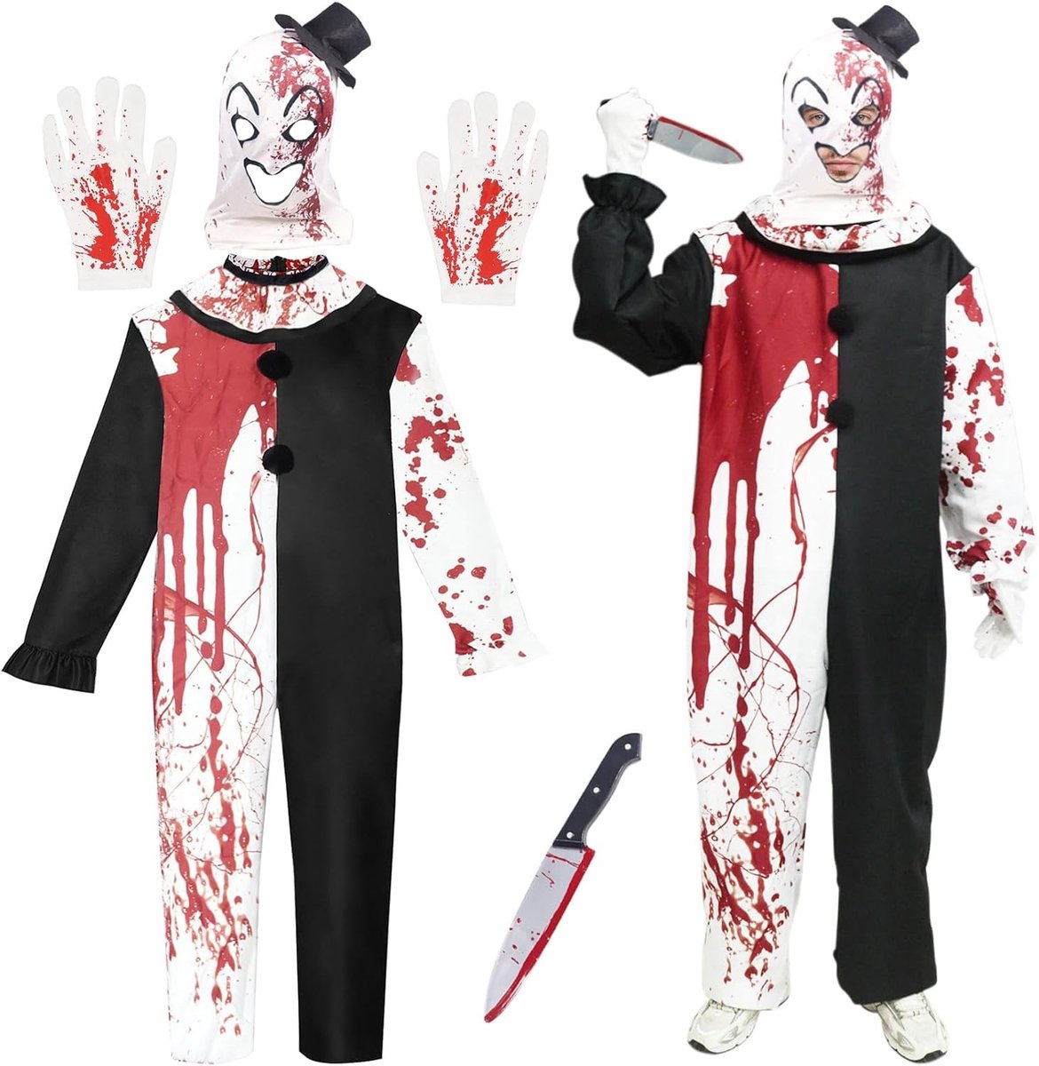 Volwassen clown kostuum voor Halloween, carnaval en horrorfeesten - zwart-wit terrifier outfit voor cosplay en decoratie