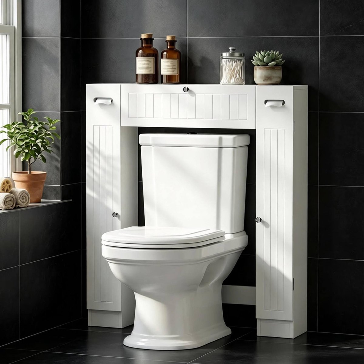 REDOM - Badkamerkast boven toilet - Twee kasten en lade - Verstelbare legplanken - Twee toiletrolhouders - Badkamer - MDF en kunststof - Wit - 88 x 18 x 98 cm