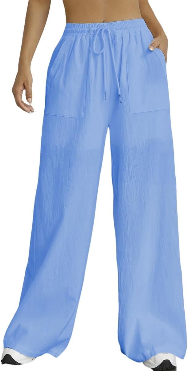 Zomer wijde pijpen broek voor vrouwen UK katoen linnen trekkoord elastische taille zakken lichtgewicht losse lange yoga broek strand vakantie