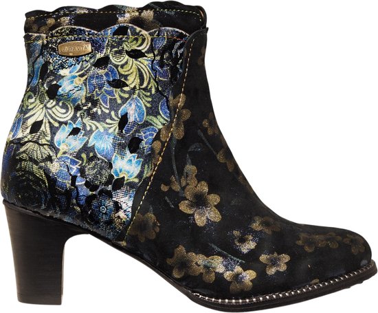 Bottine noire avec imprimés floraux bleu-vert et dorés, talon bloc