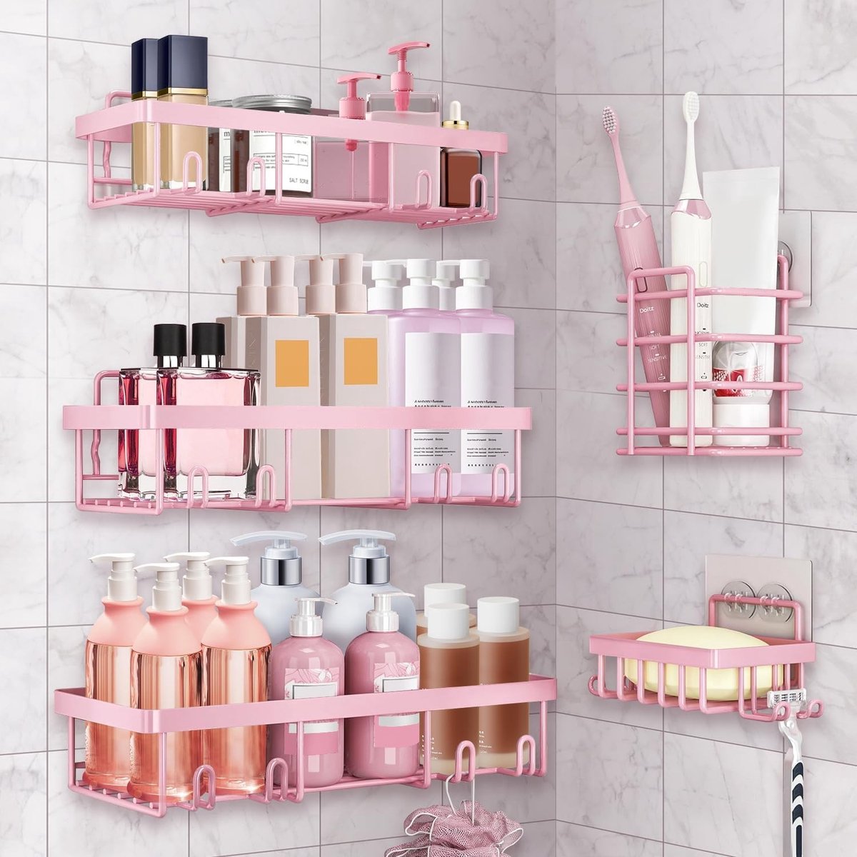 Doucheplank - Roze - 5-delige set - Roestvrij Staal Badkamerorganizer - Voor Shampoo en Doucheaccessoires