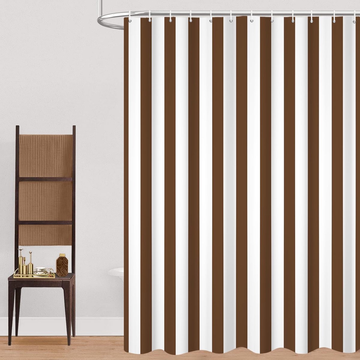 Douchegordijn, 180 x 180 cm, bruin en wit, modern minimalisme, verticale strepen, waterdichte stof, machinewasbaar, badkamergordijn met haken