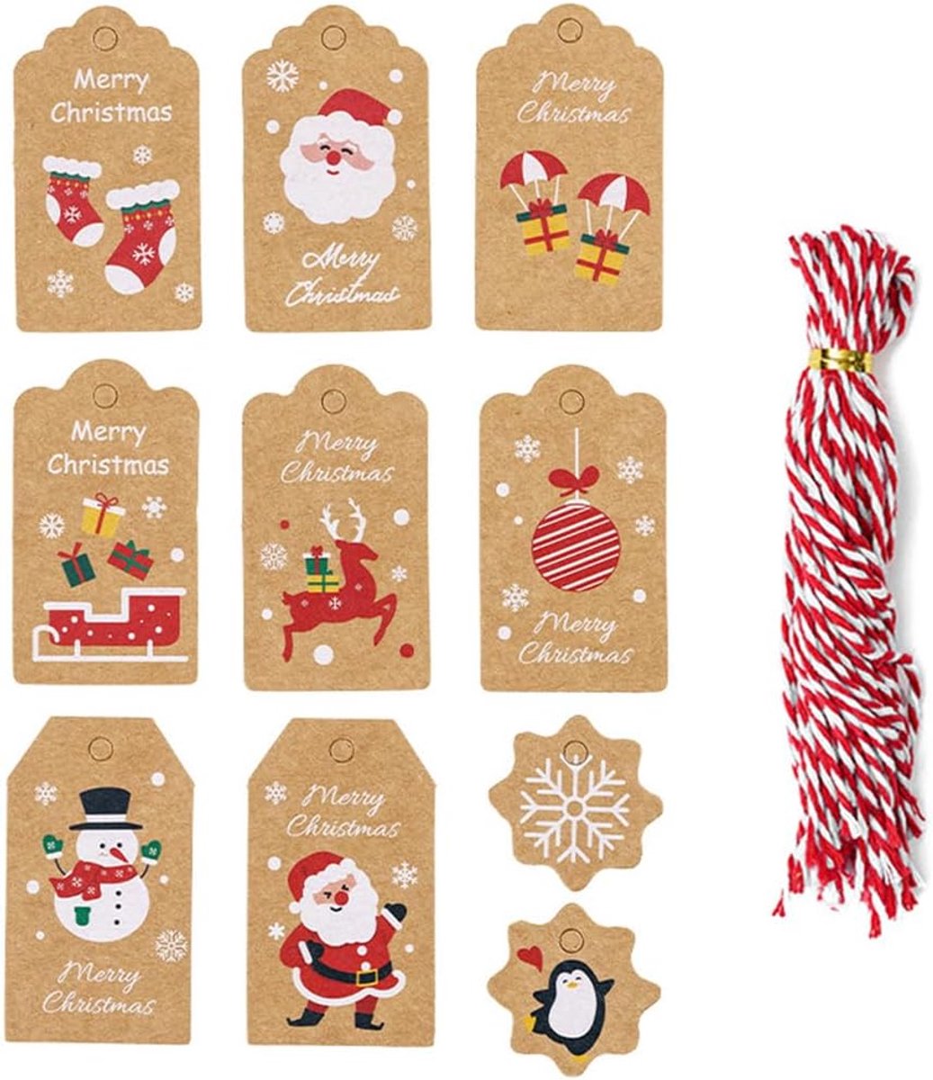 50 stuks kerstcadeaulabels, handgemaakte papieren etiketten, cadeauhangers, kerstdecoraties, hangers van kraftpapier, kersthangers met rood-wit koord