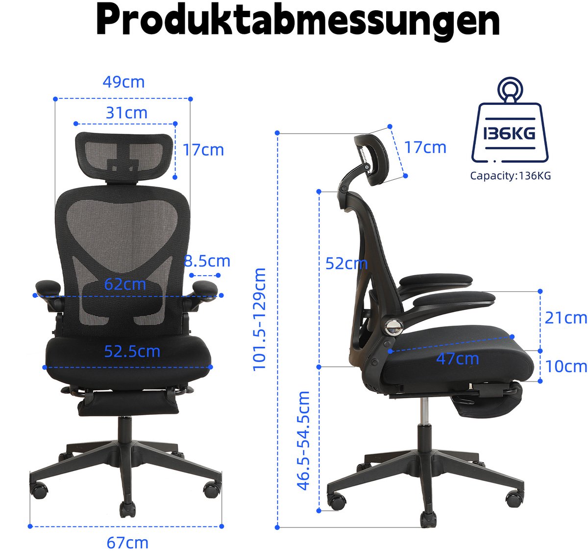 MODENUIT Bureaustoel 65 x 61 x 40,5 cm - Inklapbaar Met Hoofdsteun - Voor Werk En Studie - Schuim - Zwart