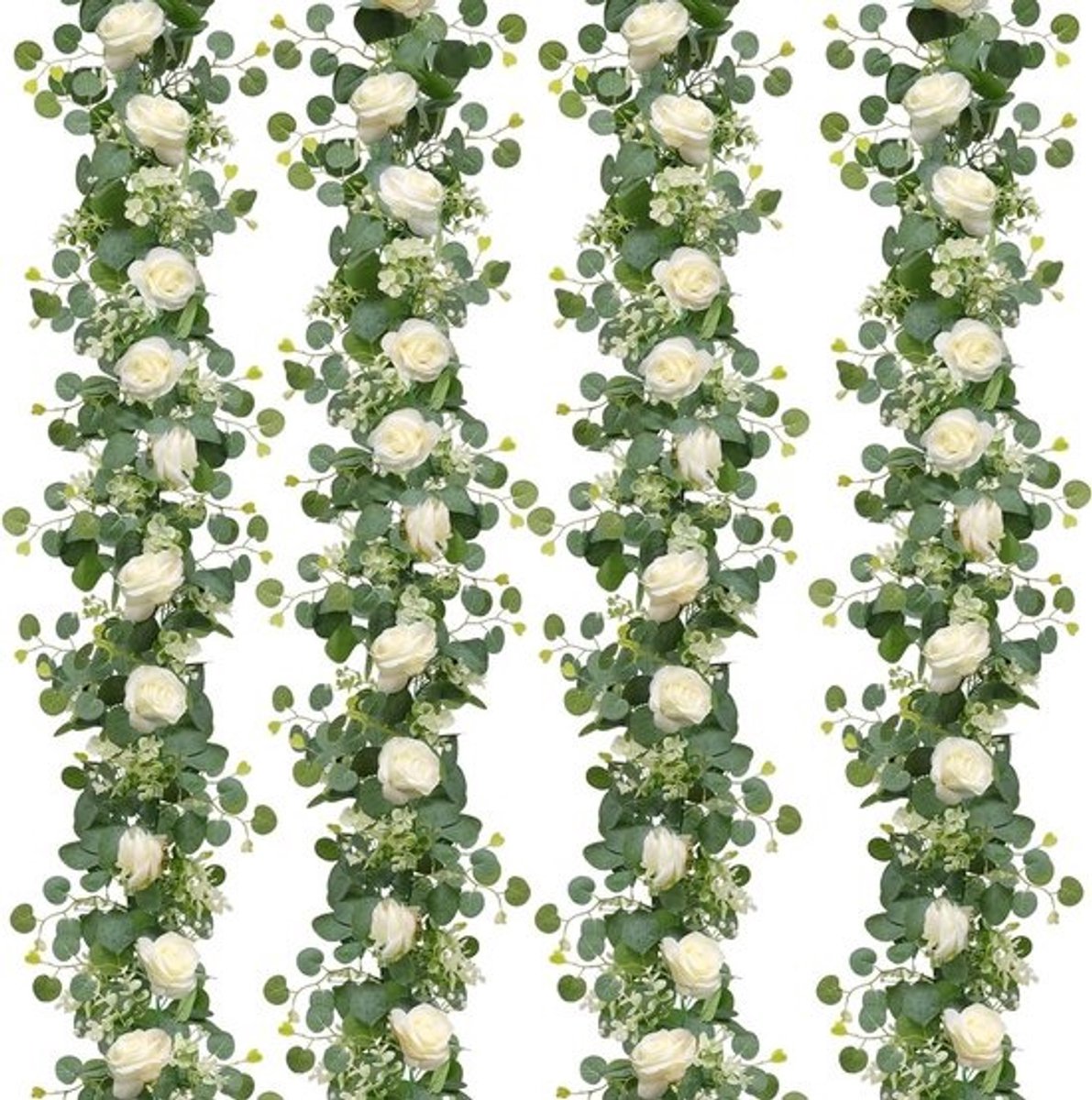 Kunstmatige Eucalyptus Bloemengirlande met Witte Rozen voor Lente Decoratie, Neplelies en Groene Vines voor Bruiloft en Tafeldecoratie