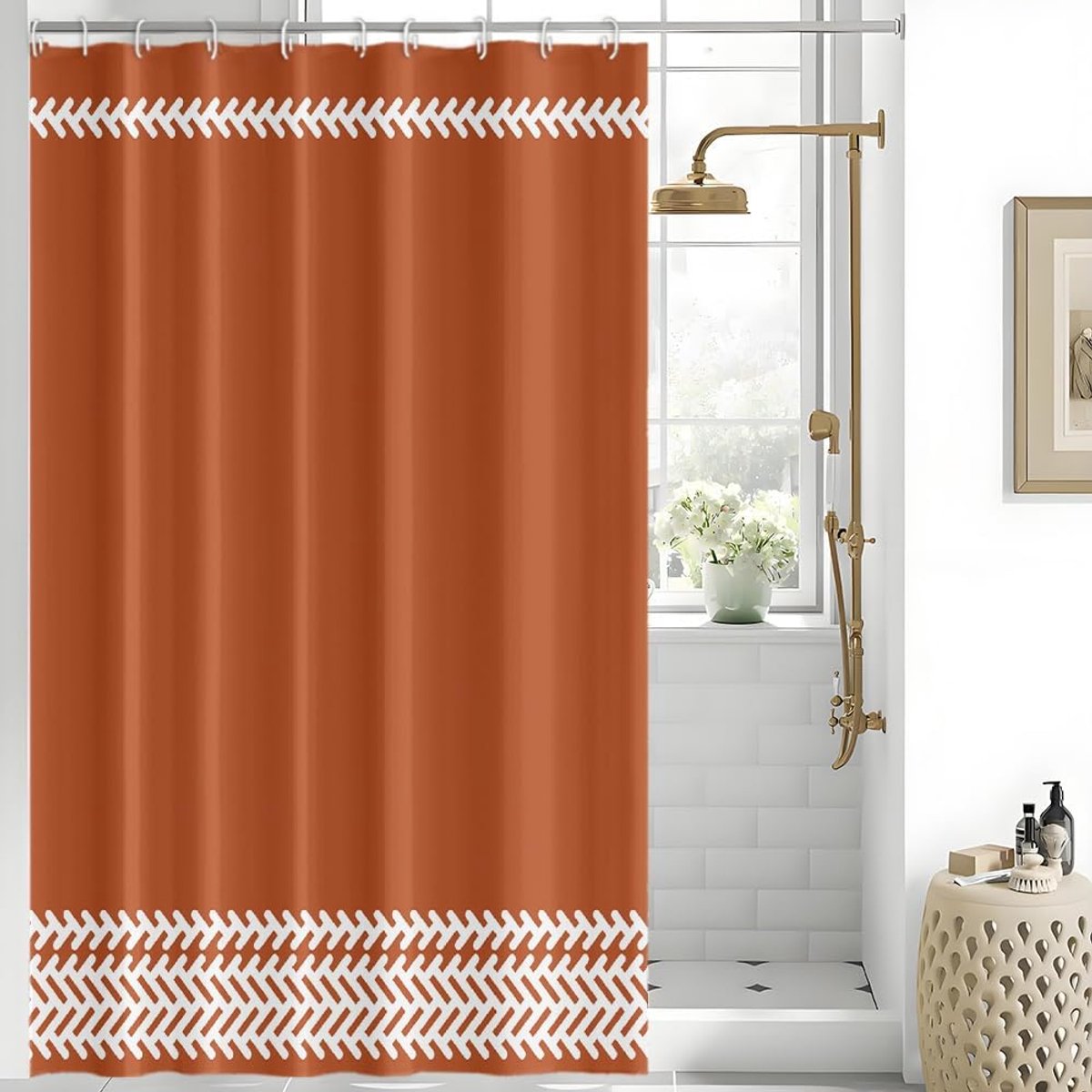 Douchegordijn, boho-stijl, terracotta, wit, geometrisch motief, minimalistisch douchegordijn, anti-schimmel, waterdicht, polyester stof, wasbaar, badgordijn met 10 haken, 150 x 180 cm (b x h)