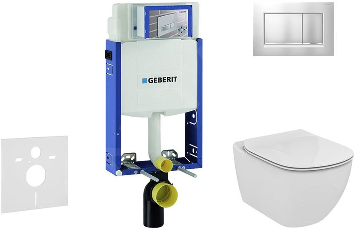 Inbouwreservoir voor hangend toilet met SIGMA30 bedieningsknop, mat chroom/chroom + Ideal Standard Tesi - hangend toilet en wc-bril, Aquablade, SoftClose