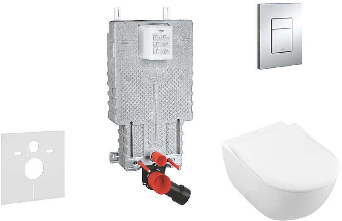 Complete toiletset, wand-wc + Subway toiletzitting, Direct Flush, Softclose, Ceramic Plus + bedieningsplaat Skate Cosmo, chroom
