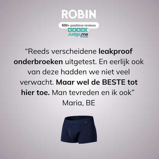 Foto van een marineblauwe Robin boxer. Tekst: 'Reeds verscheidene leakproof onderbroeken uitgetest... MAAR wel de BESTE tot hier toe'.
