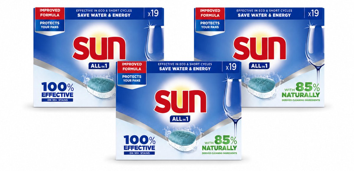 3 x Sun - Vaatwastabletten - All-in-1 Neutraal - 19 tabletten - Voordeelverpakking - 3 stuks