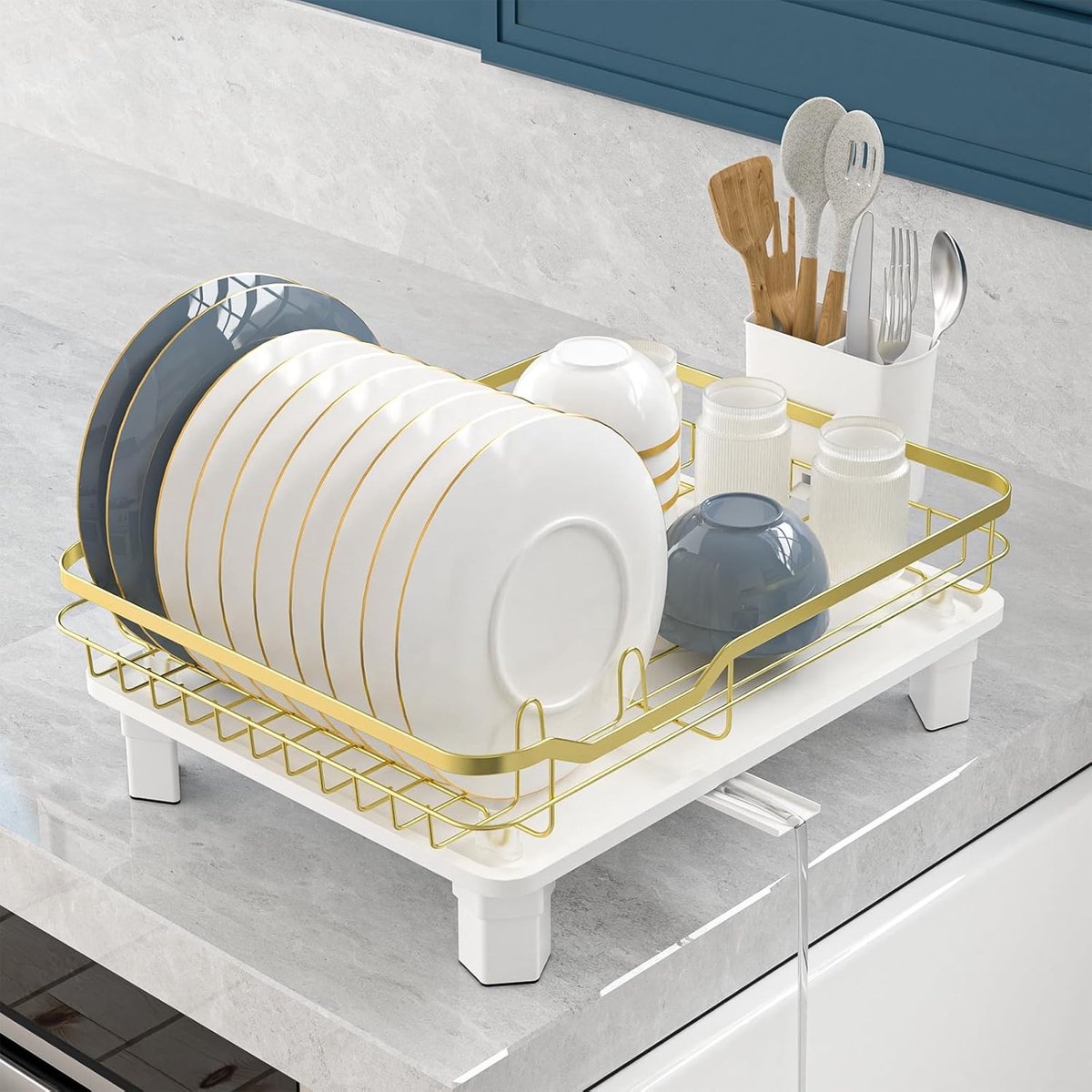 Droogrek - Goud - 41 x 32 cm - Roestvrij Stalen Afdruiprek met Bestekhouder - Voor Keuken