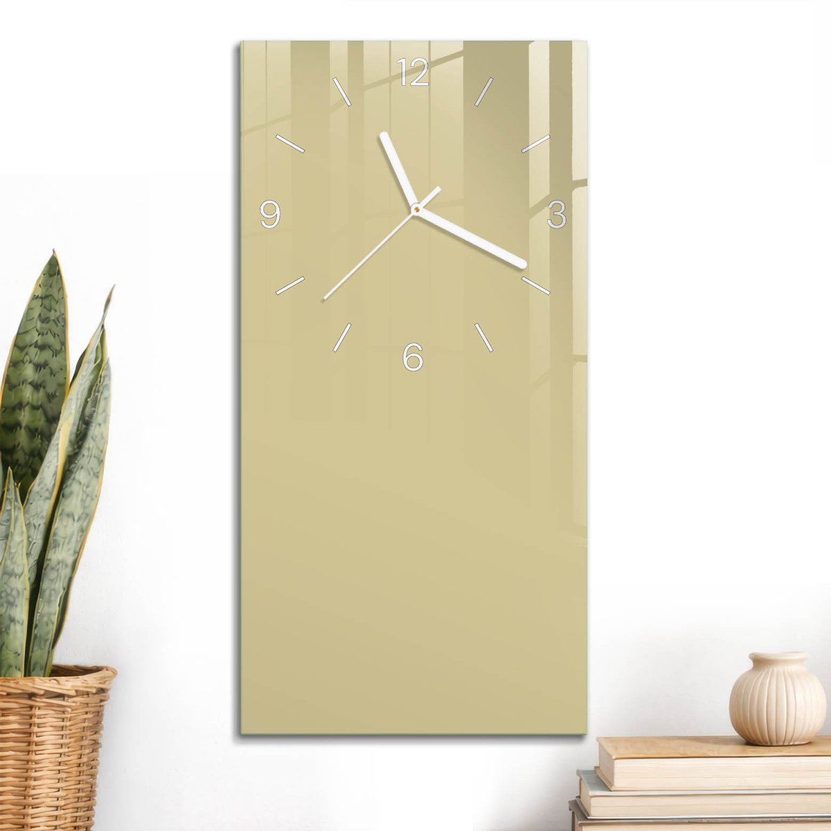 ArtPrintCave Romig Glazen Klok - 30x60 cm - Rechthoekige Wandklok - Mosterdkleur Stille Wandklok - Abstractie Wandklok Keuken - Witte Klokwijzers