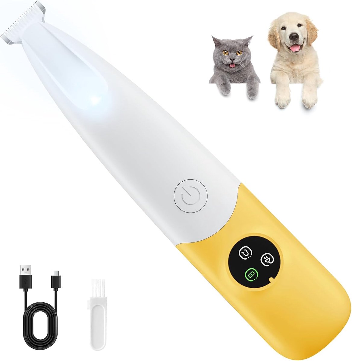 Huisdierentrimmer voor honden en katten. USB opladen, LED-licht. Ideaal voor poten, oren, gezicht en billen. Stille, trillingsarm, lichtgewicht en draadloos. Perfect voor zachte delen