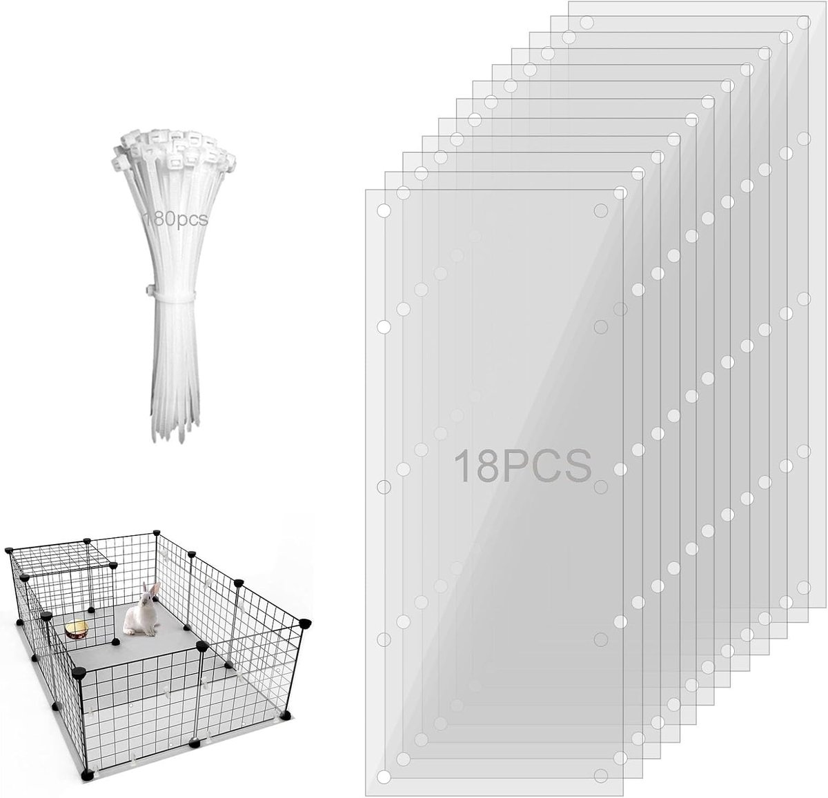 18 stuks transparante rand kooi beschermer, kooi urine guard zijvoering, 13,8 x 4,7 inch huisdier kooi rand voering met 180 stuks banden voor konijn cavia hamster chinchilla egel fret en