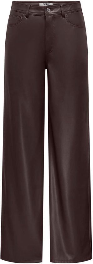 Donkerbruine ONLY pantalon van imitatieleer met hoge taille, wijde pijpen en een knoopsluiting.