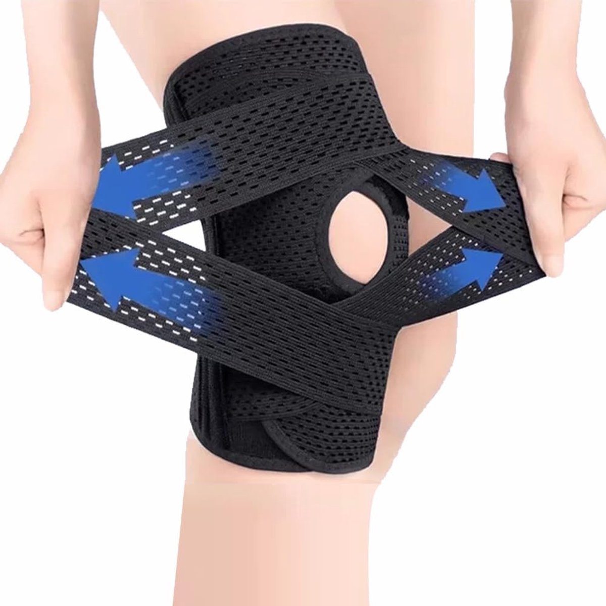 Kniebrace, sport, ademend, verstelbaar, ondersteuning, stabilisator, gewrichtssteun, compressie, elastische band