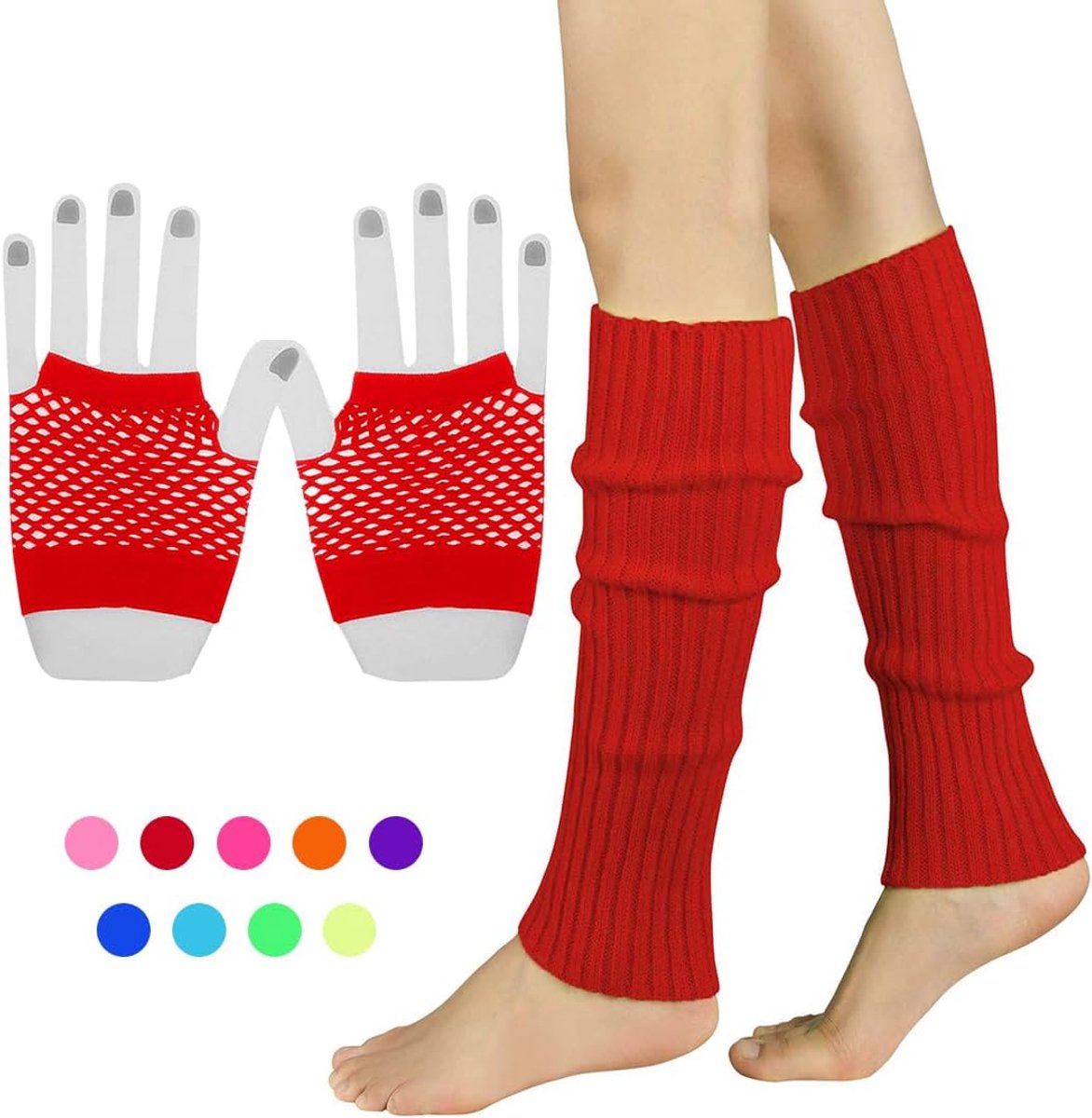 Set met elastische neon-manchetten en vingerloze nethandschoenen, kostuumaccessoires voor jaren 80