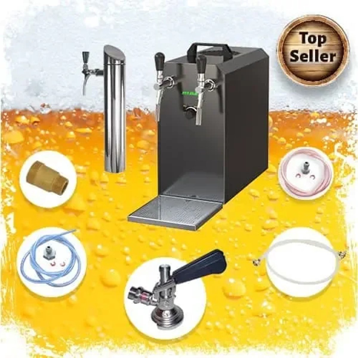 Complete onderbouwset - dispensersysteem STREAM 50K met luchtpomp, bierkoffer, doorstroomkoeler 2-lijns droog koeler, tot 55 liter/u - BLACK EDITION, Type A, NC Adapter