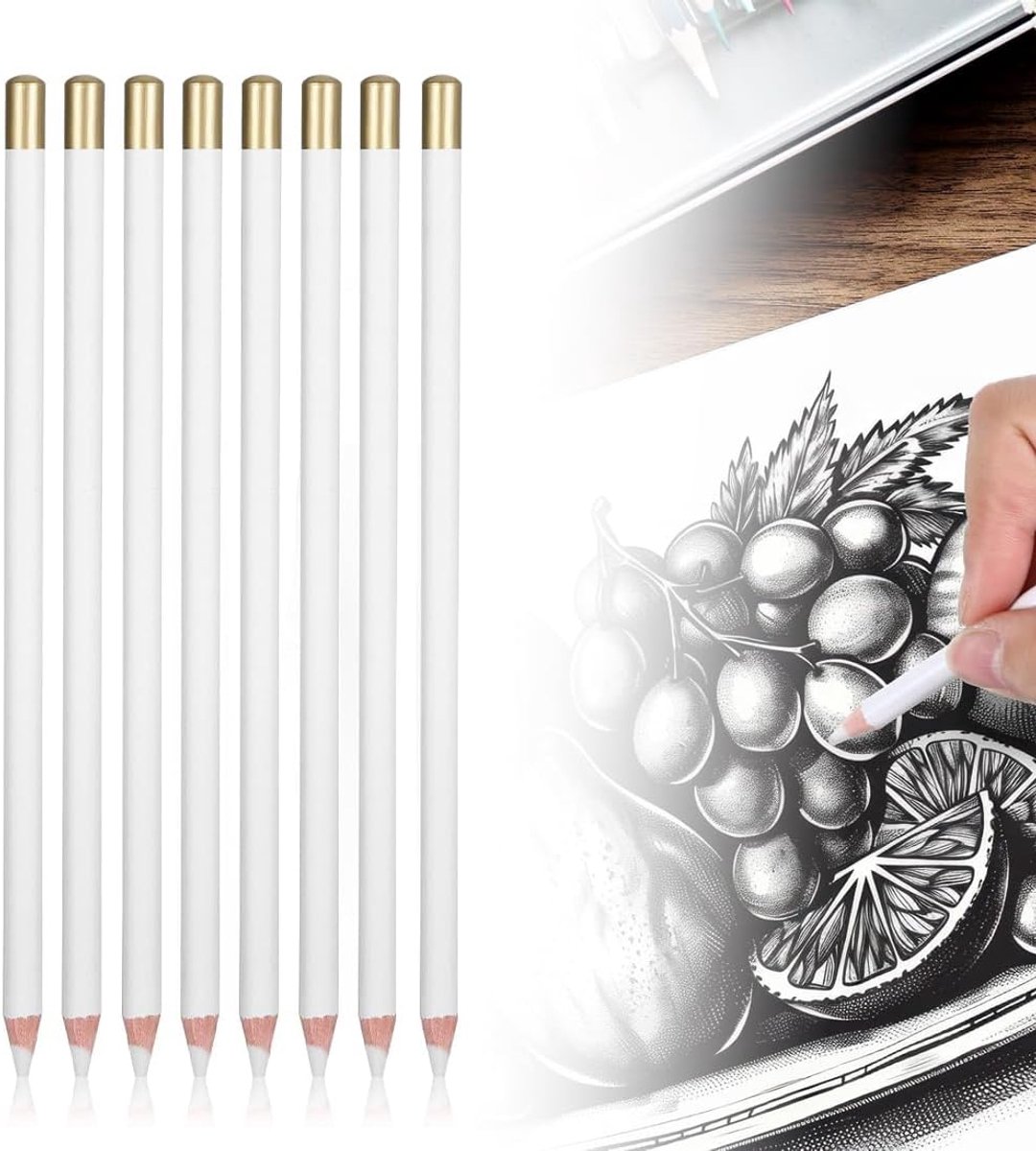 Set van 8 artistieke accessoires voor fijne details en tussenseider, gum, illustratie, schilderij, stiftvorm, nauwkeurig wissen en gum (wit)