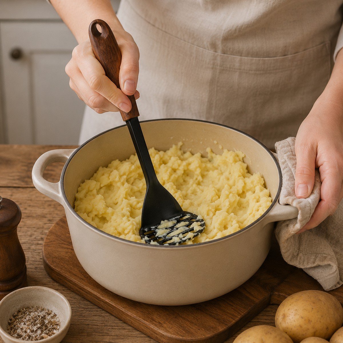 Alpina pureestamper rvs - aardappelstamper met houten handvat - 26,5 cm - stamper voor aardappelen en groenten