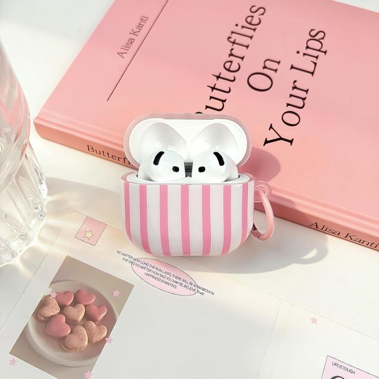 Compatibel met AirPods Pro/Pro 2 generatie beschermhoes met reinigingsset, schattig, modieus, strepenpatroon, esthetisch strependesign, schokbestendig, deur, sleuteldeksel, zachte hoes, roze — afbeelding 2