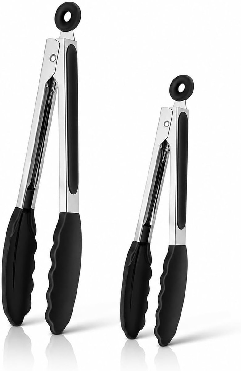 2 stuks grilltang, keukentang, 30 cm en 23 cm, zwart, keukentang, siliconen van roestvrij staal, hittebestendig, grilltang van siliconen voor keuken en grill, kooktang, antislip