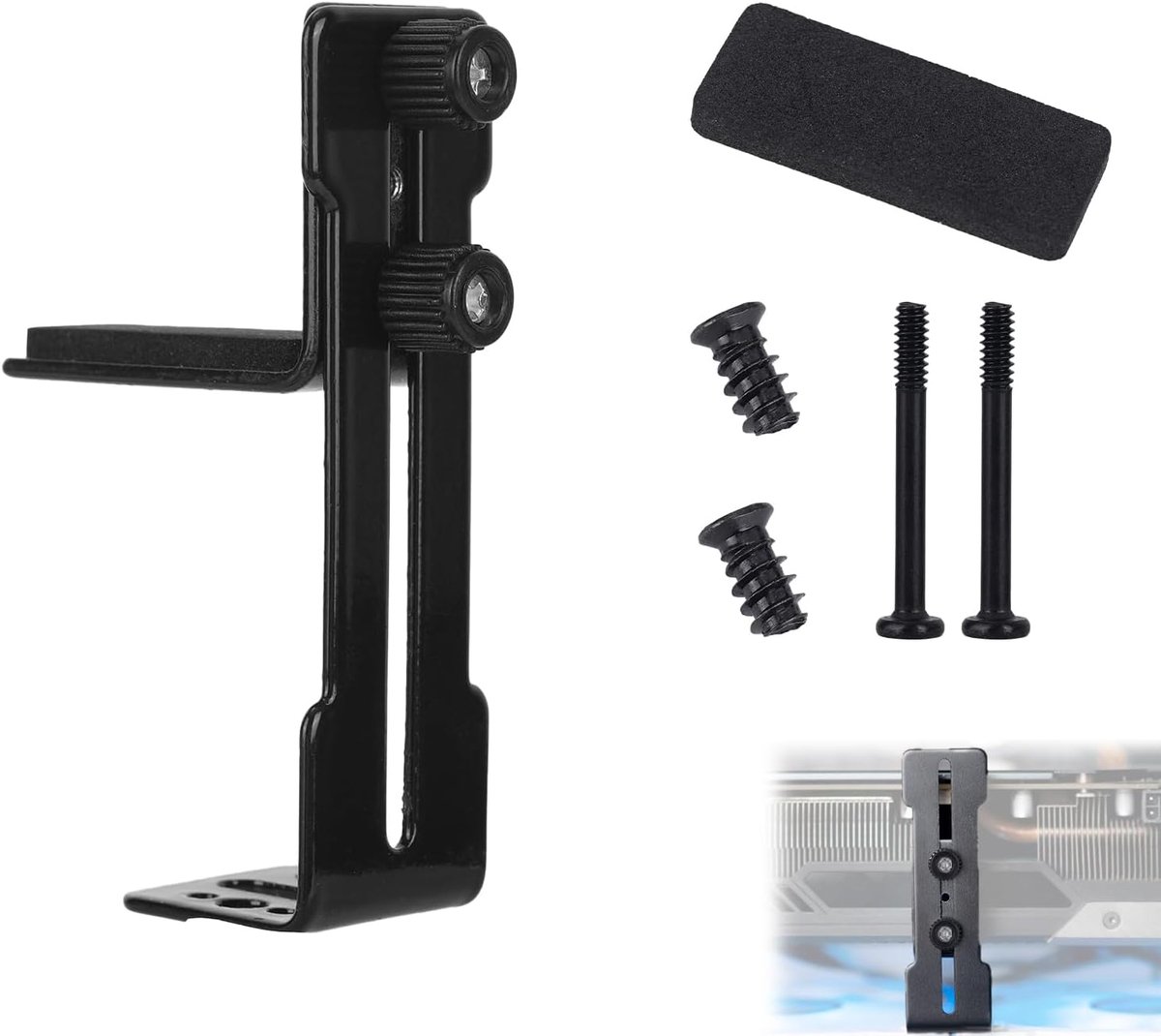 Grafische Kaart Beugel, Zwart Aluminiumlegering GPU Verstelbaar Ondersteuning Houder met Schroeven & Sponzen GPU Anti-Doorhangen Standaard Montage voor PC Gaming Computer Setup