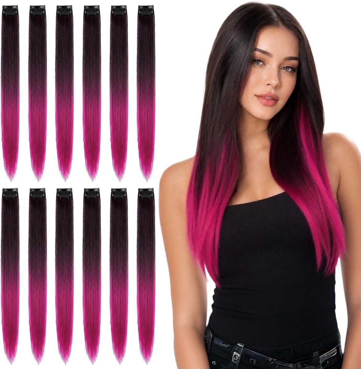 12 stuks Ombre Clip-in Haarverlengingen Zwart naar Roze 55cm Lang Steil voor Vrouwen Feesten Avonduitjes