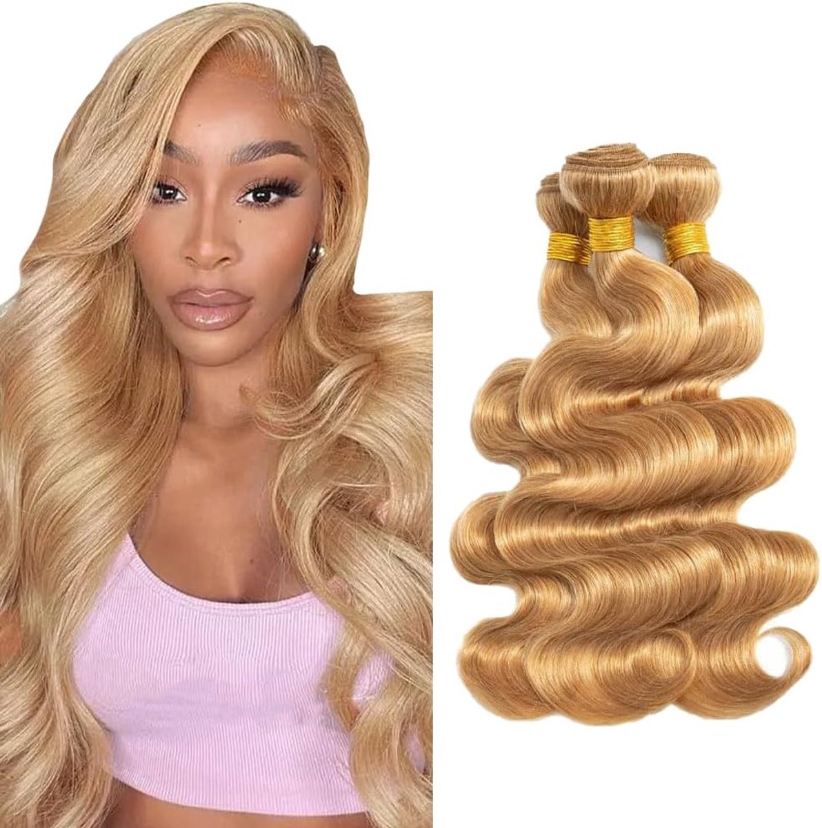 Wave Peruik Dames Bundles Human Hiar Unprocessed Brazilian Virgin Human Hair Extensions #27 Honey Blonde Bundle With Minimal Shedding For Women 22 24 26 Inch