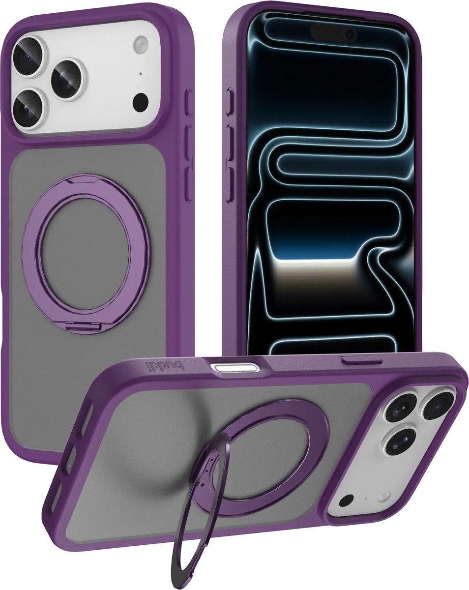 Buddi Frost Hoesje Geschikt voor Apple iPhone 17 Pro Max - Mat Paars - Met Ring Stand - MagSafe Back Cover - Matchende kleur - Met 360° Draaibare Standaard - Shockproof - Slank