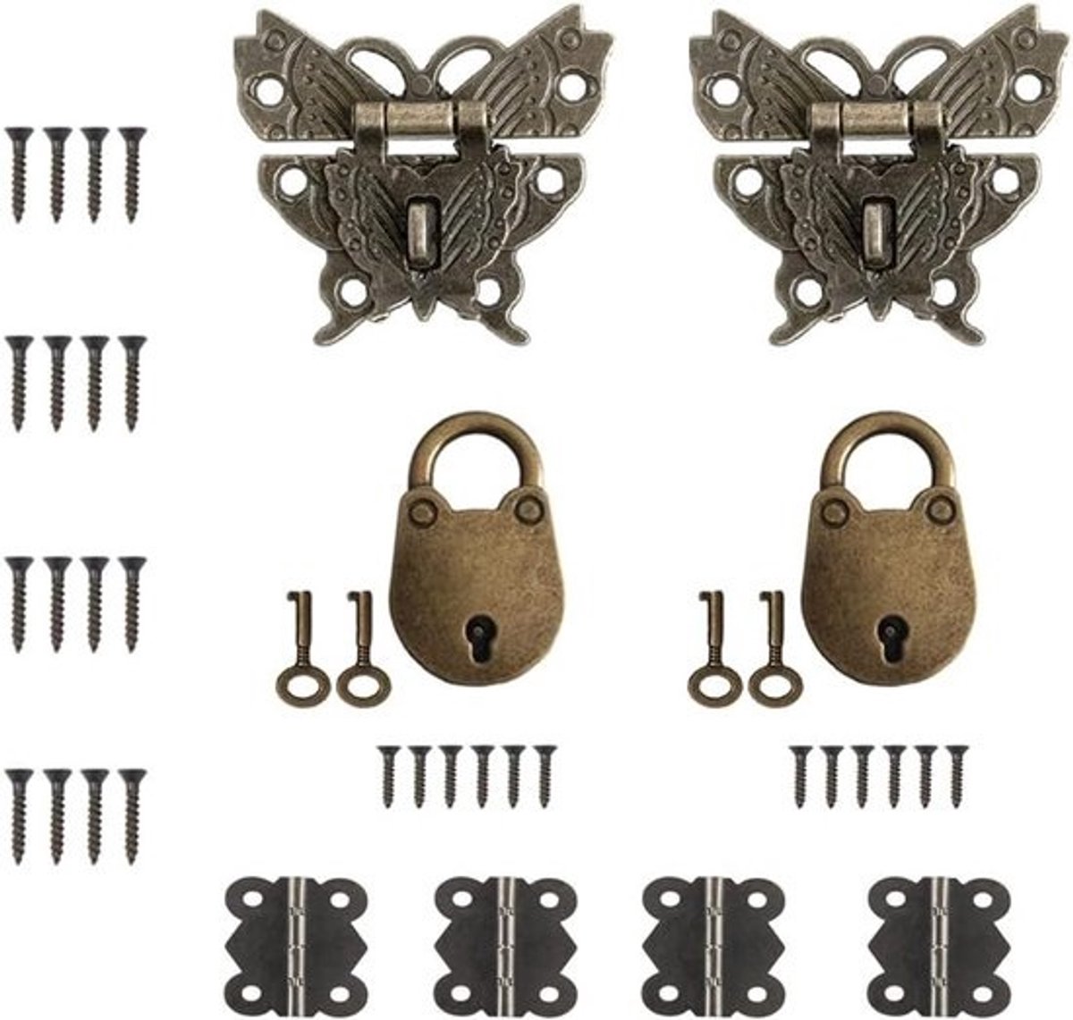 Mini-hangslotset - 12 stuks - Vintage sleutels - voor houten dozen, sieraden en kasten - Inclusief schroeven - bronzen afwerking