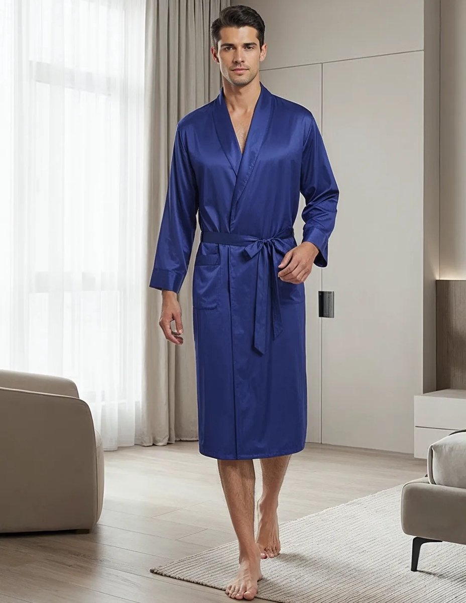 Zijden Heren Kamerjas Boston - 100% Puur Zijde -Donkerblauw - Maat L