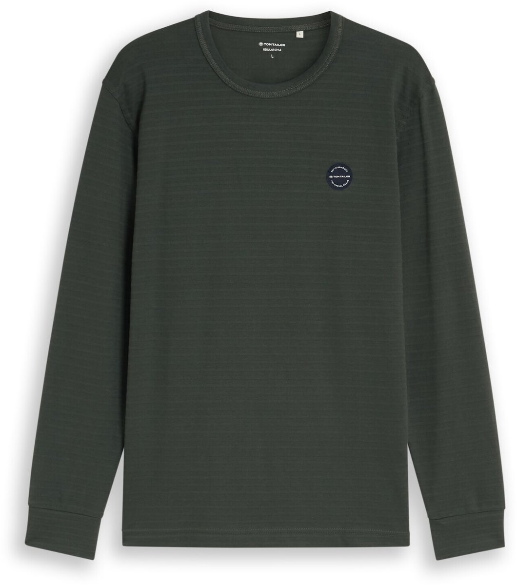Tom Tailor - T-shirt met lange mouwen en logobadge - Maat S - Darkest Olive